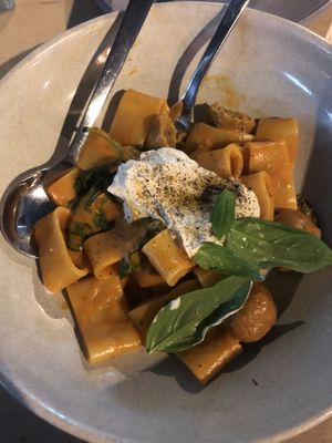 Meatballs and Rigatoni in a vodka sauce and topped with ricotta at Smith & Daughters in Collingwood