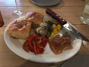 Antipasti platter with the most delicious vegan prosciutto and feta! at Smith & Daughters in Collingwood