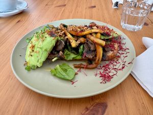 The ultimate toast with egg subbed for mushrooms to be vegan. at Clarice's in Alvor