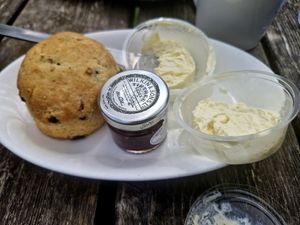 Vegan scone, jam and vegan clotted cream at National Trust Lydford Gorge Tea Rooms in Okehampton