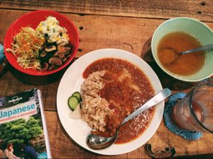 curry, rice, veggies, and miso soup  at Phono Kafe in Tokyo