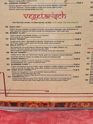 Menu at Taj Mahal in Crailsheim