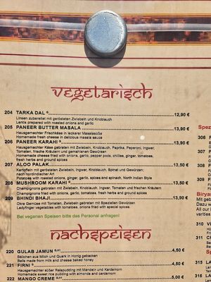 Menu at Taj Mahal in Crailsheim