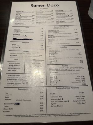 Menu  at Ramen Dozo in Tempe