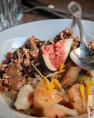 Chai pudding, Home made Granola, seasonal fresh fruit, Amlou at La Cuisine de Souad @ Ernest & Souad in Paris