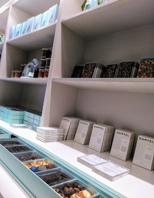 Chocolate bars, chocolate spreads, marrón glacé, etc. at Damyel - Rue des Rosiers in Paris