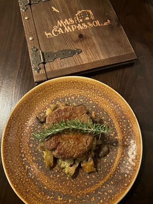 Vegan sirloin with faux gras at Mas Campassol in Sant Iscle De Colltort