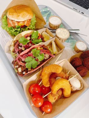Burger, tacos andf vegan prawns. at Khambú - Ruzafa in Valencia