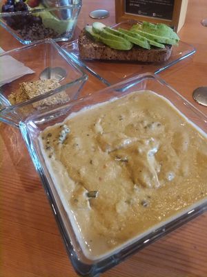 (Front) Equator-Broccoli and Cheddar Soup (Center) Yes! Bakery toast w/avo (Back) Maverick Bowl at NW Raw in Ashland