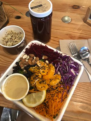 East salad, side of quinoa, mojo juice  at NW Raw in Ashland