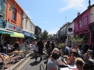 we love falafel on left. Very busy touristy street (2015) at We Love Falafel in Brighton