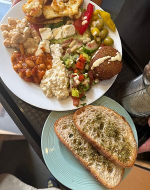 Mezze plate with sourdough toast. at Dove Cafe in St Leonards