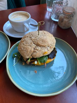 Pulled mushroom sandwich with capuccino  at Koffie ende Koeck in Amsterdam