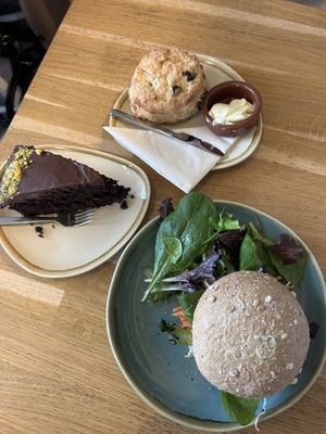 Smoky tofu sandwich, scoon and a Chocolate cake  at Koffie ende Koeck in Amsterdam