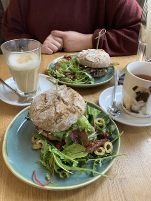 Smoky Tofu Sandwich (front), Pulled & Spicy Mushroom Sandwich (back) at Koffie ende Koeck in Amsterdam
