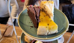 Afternoon tea, top layer: chocolate cake, cheese cake and carrot cake at Koffie ende Koeck in Amsterdam