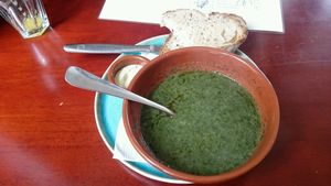 Green soup, bread + delicious spread  at Koffie ende Koeck in Amsterdam