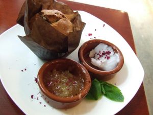 Scuffin (combination of scone and muffin) with cocosbutter and confiture at Koffie ende Koeck in Amsterdam
