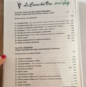 menú veg at La Casona del Vino in Tenerife