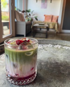 Matcha with homemade rhubarb syrup.  at nOm in Southend-on-sea