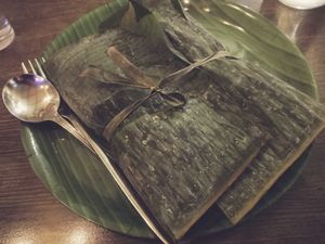 Vegan lumprice wrapped in banana leaf at 7 Siri - Taste of Sri Lanka in Auckland