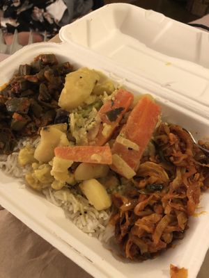 3 curries with rice. Compostable takeaway packaging at 7 Siri - Taste of Sri Lanka in Auckland