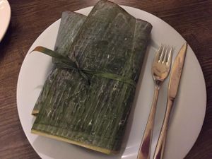Mix of curries and rice wrapped in banana leaves at 7 Siri - Taste of Sri Lanka in Auckland