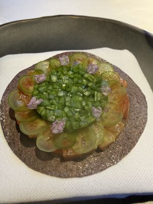 Thinly sliced Serrano on top that was no too spicyy  at Californios in San Francisco