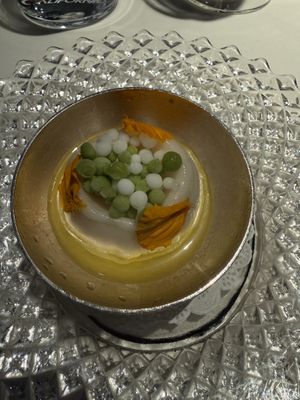 Desert had small frozen balls of basil! Melted in our mouths   at Californios in San Francisco