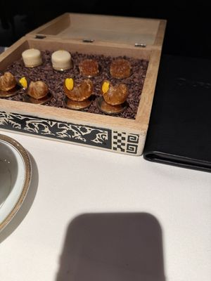 Candied orange segment and a gel candy  at Californios in San Francisco
