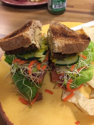 Overflowing tempeh burger at Sunflower Natural Food Store and Deli in Yuba City