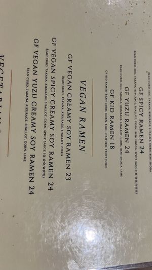 Vegan menu. August 2025  at Ramen O in Canberra