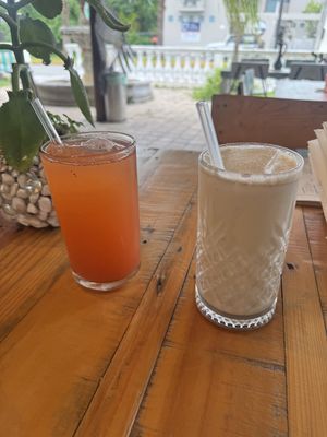 Strawberry lemonade & coconut horchata  at VeganBarrio in Cozumel