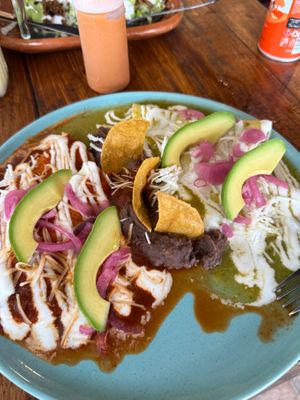 Enchiladas divorciadas at VeganBarrio in Cozumel