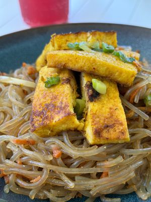 Japchae noodles with lemongrass tofu and the hibiscus lime cooler at Kin Cafe in Houston