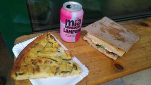 Vegan zucchini pie, raspberry kombucha and Focaccia. at Focacceria Cecino in Milan