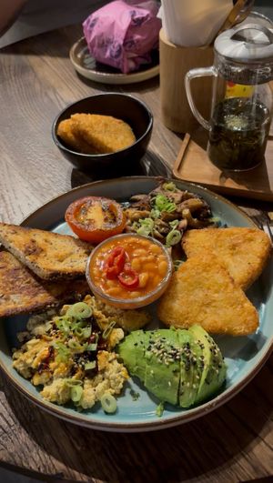 Full English breakfast and peppermint teaa  at Hinterland Alcohol-Free Bar and Cafe in Manchester