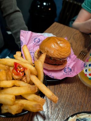 Salt 'n' pepper faux chicken burger & fries at Hinterland Alcohol-Free Bar and Cafe in Manchester