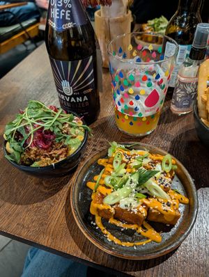 Lemon pesto Mac n cheese and Korean tofu poppers at Hinterland Alcohol-Free Bar and Cafe in Manchester