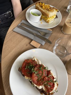 Vegan chili cheese toasie and Lemon cashew cream and roasted tomato sandwich  at Folde in South West London