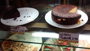 Chocolate, almond and aubergine cake. And a lemon polenta cake, both vegan. at Meadowlark No. 39 in Edinburgh