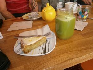 Vegan courgette cake with green juice. at Meadowlark No. 39 in Edinburgh