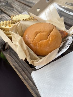 Sorry for the bad angle. Vegan BBQ cheese burger with onion rings and bacon. Great fry sauce too!!!!  at Happy Vegan in Garland
