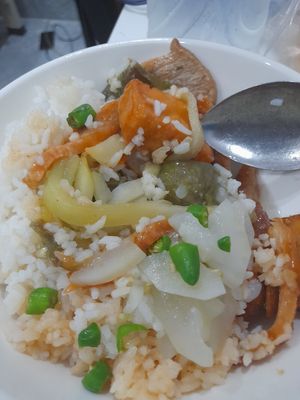 Eating at home my take away vegan food at Cơm chay Thanh Tịnh in Ho Chi Minh City