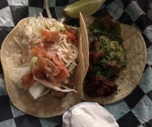 vegan 'fish' taco and vegan 'carne' asada taco with vegan sour cream at Pelon's Baja Grill in Richmond