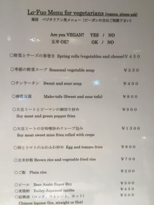 Menu for vegetarians  at Lo Fuo in Osaka
