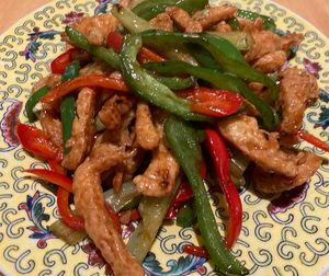 Soy meat and green pepper at Lo Fuo in Osaka