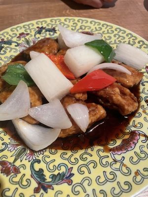 Black vinegar sweet sauce fried veggies with soy meat   at Lo Fuo in Osaka