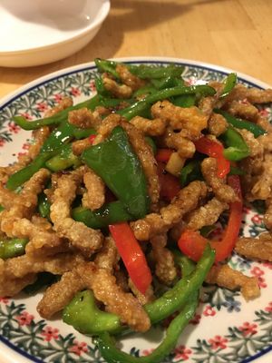 Deep fried soy meat and peppers  at Lo Fuo in Osaka