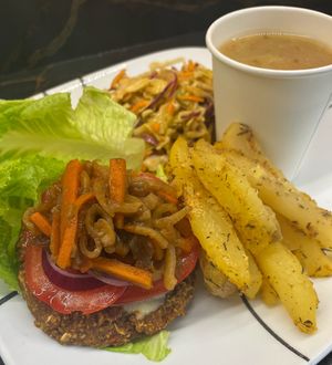 Gerson style open face burger, fries with ketchup, Balsamic coleslaw and Hippocrates soup.  at Ian and Angela in Sedona